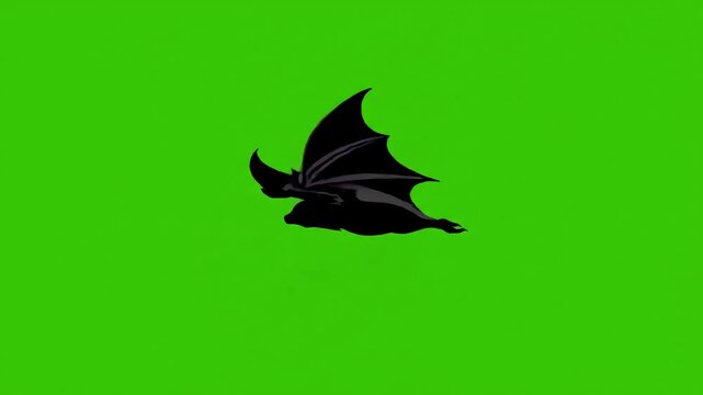 Animal Animation with flat style side view of bat flying against green background seamless loop distortion, screen overlay, glitch, static noise, scan lines on black background, 4k animated video