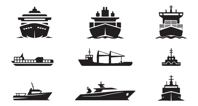 Set of black and white boat icons, including cruise ships, cargo ships, and speedboats