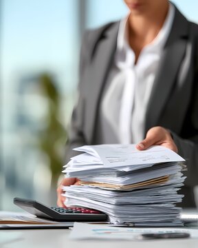Businesswoman Organizing Paperwork and Using Calculator in Office