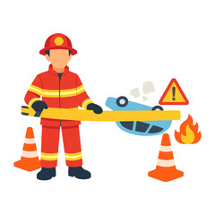 Fototapeta premium Firefighter extinguishing car fire flat vector illustration