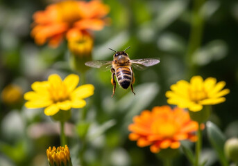 Wide macro shot of honey bee in flight among blooming yellow flowers under bright sunlight.