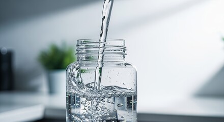 Close-up of Water Pouring into a Glass Bottle Creating Splash and Bubbles for Refreshing Hydration
