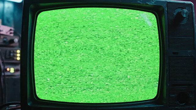 Retro Glitching TV Screen with tube 90s television a glitches noise interferenc green in mystery cyberpunk room distortion, overlay, glitch, static noise, scan lines on black background, 4k animated