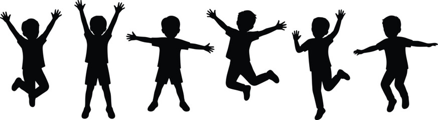 Happy children jumping silhouettes with raised hands playful kids activity isolated on white background childhood joy illustration set