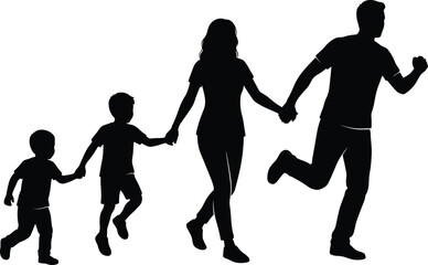 Happy family running together silhouette, parents holding children hands, active lifestyle and family bonding concept illustration