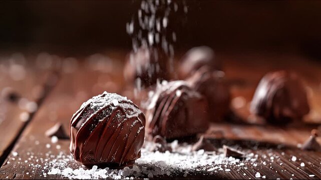 Chocolate truffles with sprinkled salt on a wooden surface, in soft, diffused light