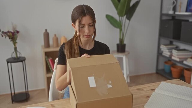 Woman carefully unwraps bubble wrap from a cardboard box with her hands at a wooden desk inside building; joy.