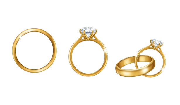 A set of golden wedding rings with diamonds on a white background
