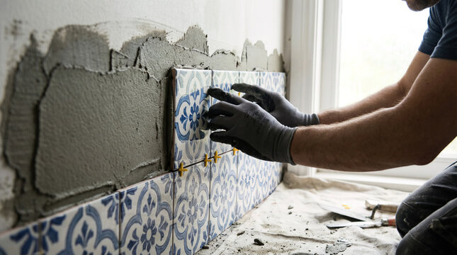 a man installing wall tiles