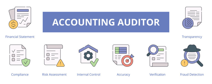 Accounting Auditor Lineal Color Banner Web Icon Set Vector Illustration