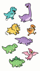 Naklejka premium Cute Cartoon Dinosaurs Collection Various Species Fun Characters.