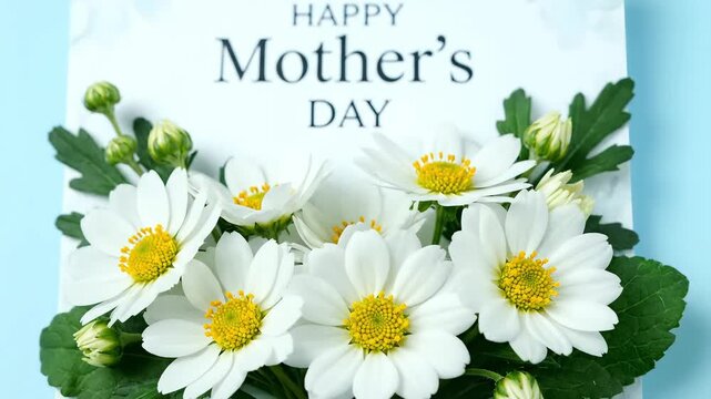 White daisies surround a card wishing Happy Mother's Day on a light blue background.