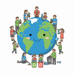 Happy Earth with People Caring for Environment.