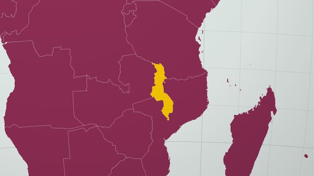 Malawi map. Animated zoom into the country on the Globe in Pale Mint Dark Pink color palette. Country logo animation with round text and airplanes. Map with meridians, parallels. Vibrant video.