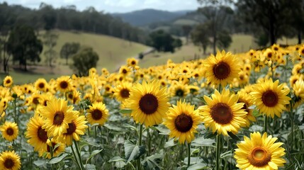 Fototapeta premium Beautiful Sunflower Field Under Blue Sky in Scenic Landscape