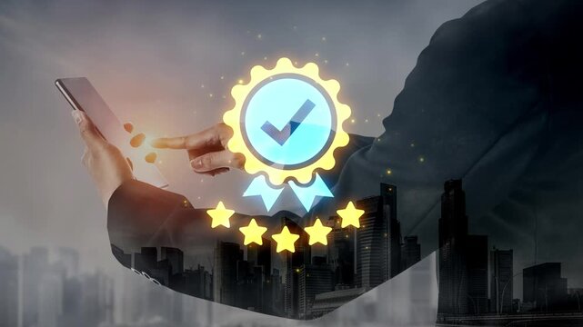 Businessperson Using Smartphone with Digital Award and Cityscape in Background for Achievement, Success, and Professional Recognition Concept Gluon.