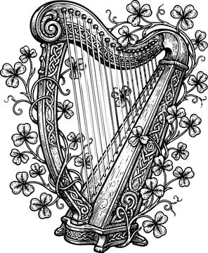 Engraved Celtic Harp with Shamrock Clover Design for St Patricks Day Celebrations, Irish Culture Blogs, Music Event Graphics, and Traditional Heritage Projects