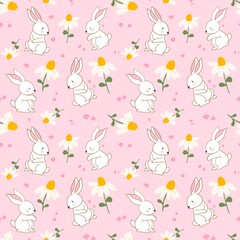 Seamless pattern with white Easter bunnies and yellow daisies on soft pink background for nursery textile