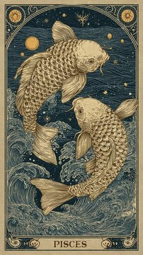 Spiritual zodiac illustration of twin fish rotating in a circular cosmic dance illuminated by soft starlight and representing mercury retrograde pisces in a poetic pisces horoscope vision