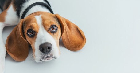 Beagle dog pup lying down, looking up with big brown puppy eyes, portraying loyalty and companionship