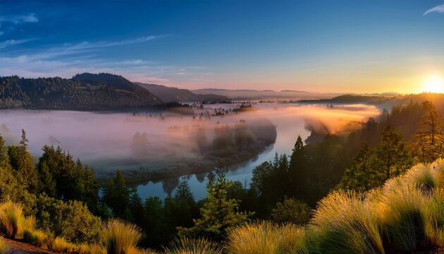 rolling fog along sandy river valley in clackamas county oregon during sunrise