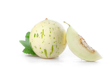 Fresh Honeydew Melon with Slice and Mint Leaf on White Background © LeThi