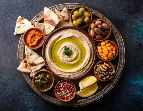 top view hummus platter with medierranean ingredients and pitas