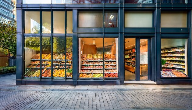 modern grocery storefront vibrant product display city street view