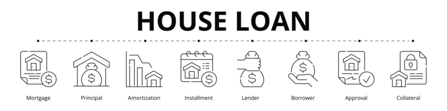 House Loan Line Banner Web Icon Set Vector Illustration