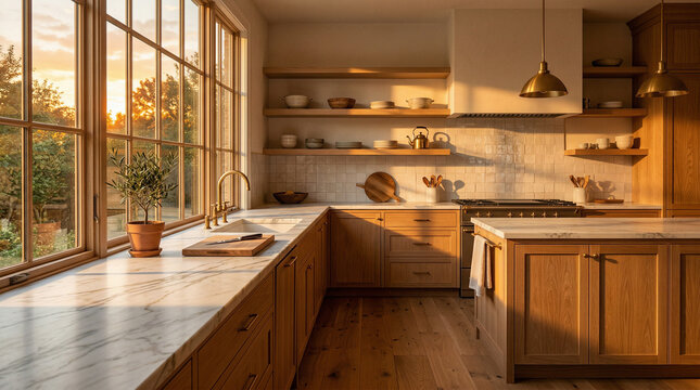 White Oak Kitchen Interior at Golden Hour with Warm Sunset Light