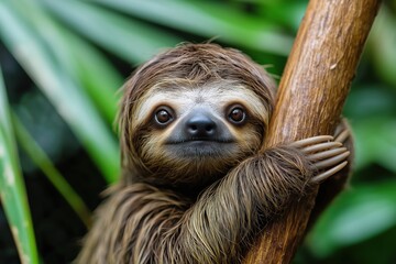 Fototapeta premium Sloth looking at camera, moving slowly while holding onto a tree branch in its natural jungle environment