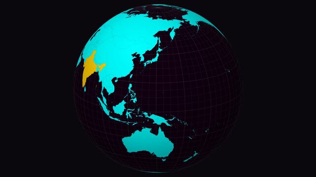 Bihar, India on Globe. Animated zoom into the state. Bihar, India intro, logo, presentation animation. Boundary shape on globe with round text. Short video.