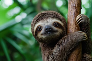 Fototapeta premium Sloth holding onto a wet tree trunk, looking at the camera with large dark eyes in its natural jungle environment