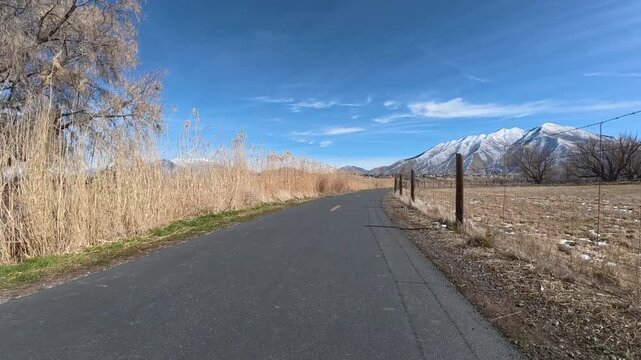 Immersive POV from winter riding recumbent tricycle on Spanish Fork River Trail in Salt Lake City area, Utah