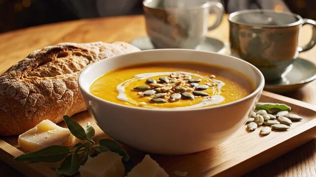 Cozy Autumn Meal - Creamy Pumpkin Soup with Crusty Bread and Warm Drinks.