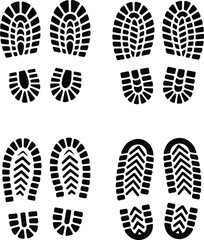 Set of black shoe footprint silhouette vector icons, hiking boot sole patterns, walking trail marks, footwear track design isolated on white background