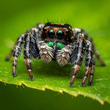 Close-up view of a vibrant jumping spider on a lush green leaf