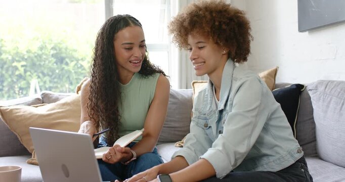 African American women working on sofa pointing notebook, other typing laptop, then high-fiving