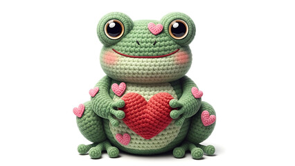 Fototapeta premium Crochet frog holds a red heart, adorned with pink hearts; white background