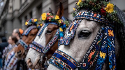 Obraz premium Beautifully Adorned Horses with Colorful Folk Costumes and Flowers