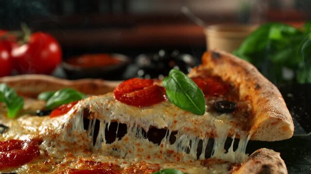 Ultra Slow Motion of Pizza with Melted Cheese Stretching Between Slices at 1000fps.