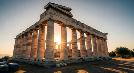 Fototapeta premium Ancient Greek temple ruins at sunset