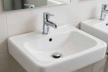 Fototapeta premium Modern White Wall-Mounted Bathroom Sink with Fixtures