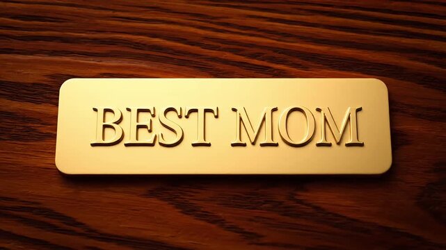 A golden engraved nameplate reads "Best Mom" set against dark wood grain.