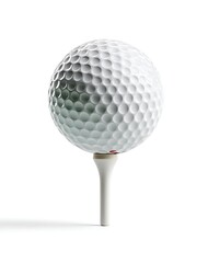 Close up of a white golf ball on a white tee against a white background with soft lighting