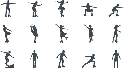 Set of graceful roller skater silhouettes in various poses and artistic positions, black male and female skating icons collection isolated on white background, sports