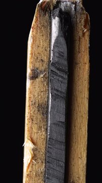 Extreme macro footage of a broken wooden pencil revealing the graphite core inside while the camera slowly slides downward. Detailed texture of wood and graphite structure captured in cinematic