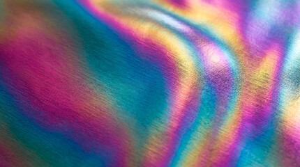 Fototapeta premium Holographic foil ripple iridescent rainbow texture abstract luxury background copy space on left