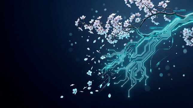 Cherry blossom petals morphing into glowing digital circuit technology spring renewal concept dark background with copy space on left
