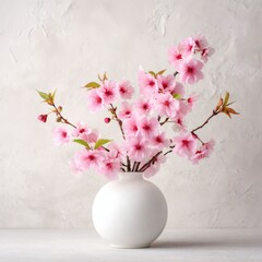 Still life of pink cherry blossoms arranged in a minimalist white vase against a textured backdrop creating a serene, springtime, floral arrangement.